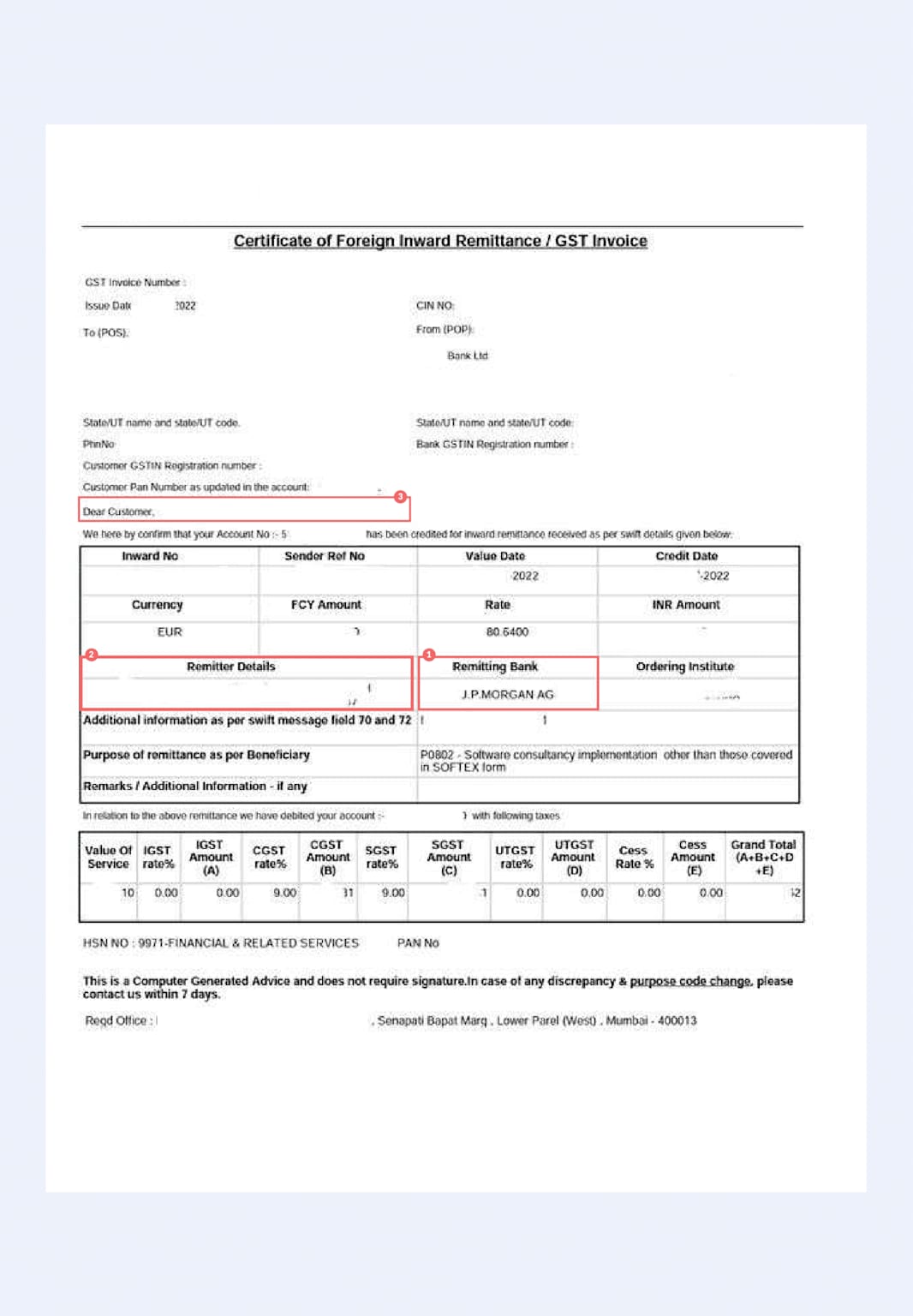 Sample certificate of foreign inward remittance showing remitting bank, currency, GST details, and inward credit information relevant for receiving foreign funds into an Indian bank account
