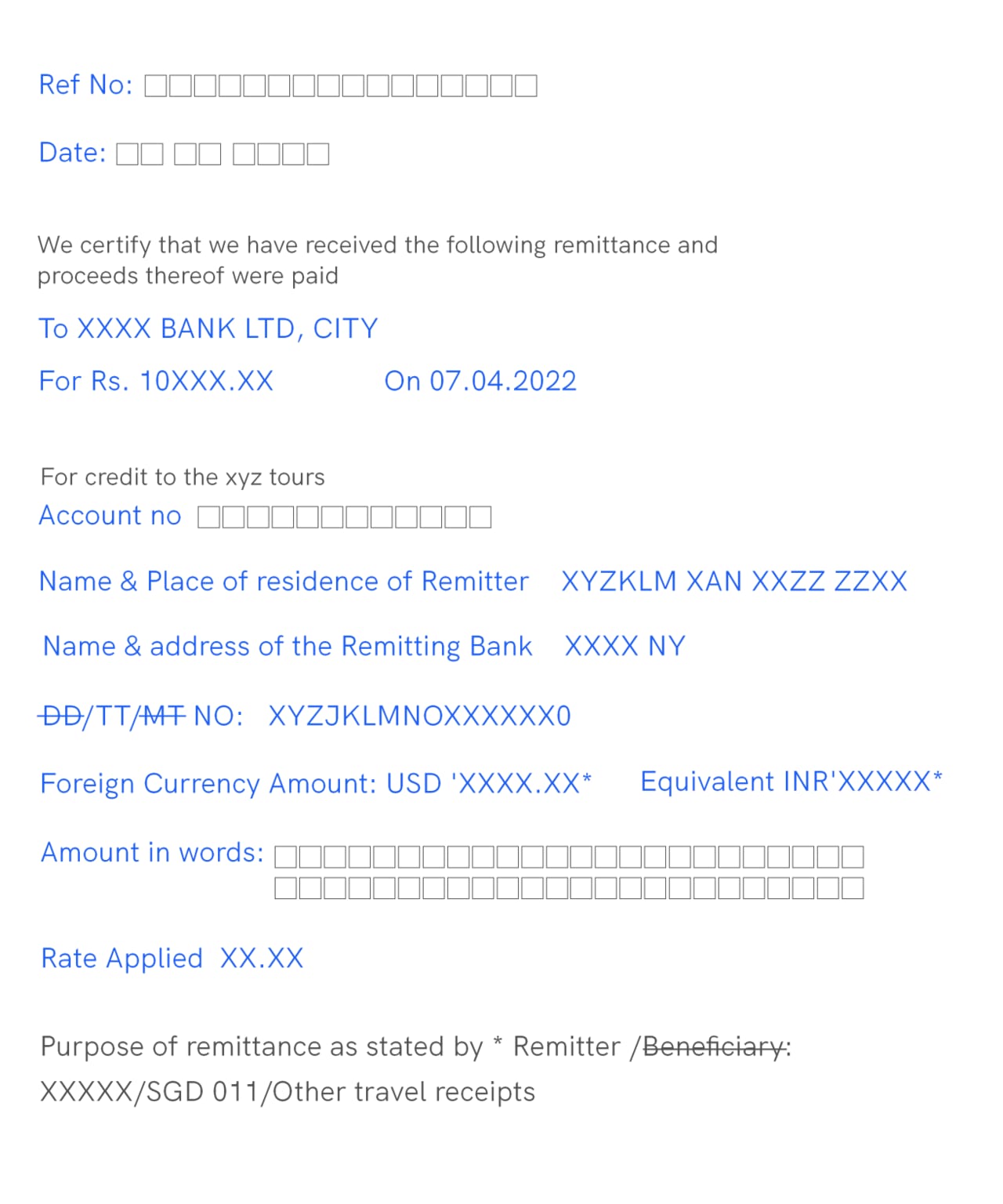 Sample Foreign Inward Remittance Certificate (FIRC) format showing remittance details for foreign funds credited to an Indian bank account